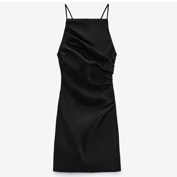 [Zara] Black Linen Draped Mini Dress - Picture 12 of 16